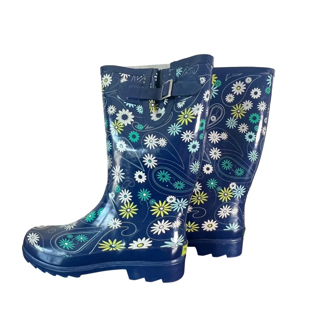 Western Chief Womens Daisy Paisley Navy Blue Rubber Rain Boots Size 9 840135 NEW